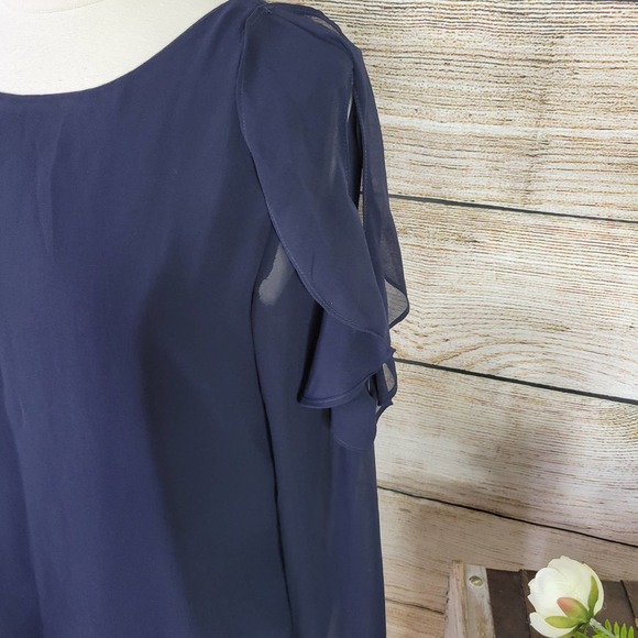3/$25 Lucca Couture Women's Long Sleeve Slit Shoulder Ruffle Top Navy Small - Picture 2 of 8